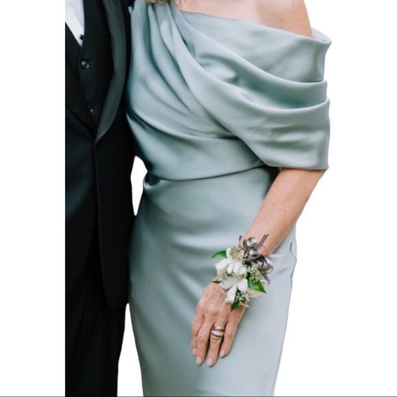 BHLDN x Amsale Pryce 2 & 4 Green Draped Silky Satin Off Shoulder Formal Gown - Picture 3 of 4